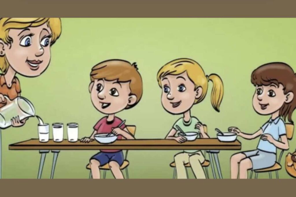 L’immagine in questione ritrae una scena familiare: una madre intenta a servire la colazione ai suoi figli, un momento di normalità