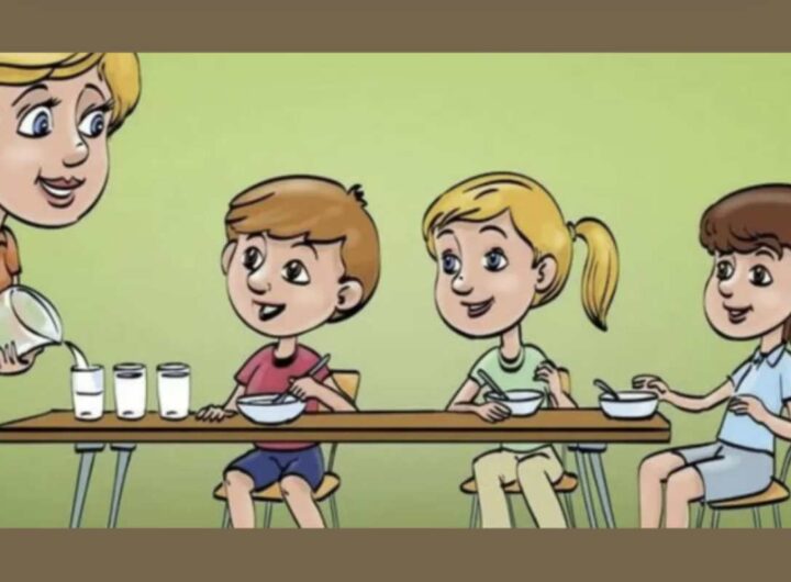 L’immagine in questione ritrae una scena familiare: una madre intenta a servire la colazione ai suoi figli, un momento di normalità
